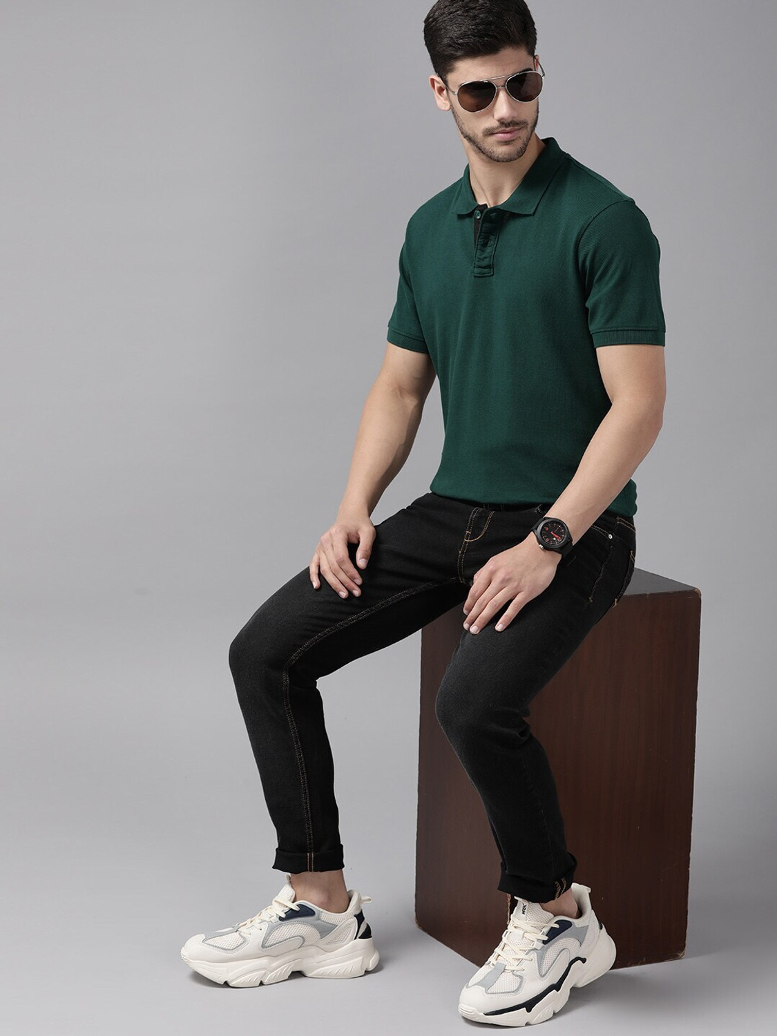 Image of Roadster Solid Men Polo Neck Green T-Shirt
