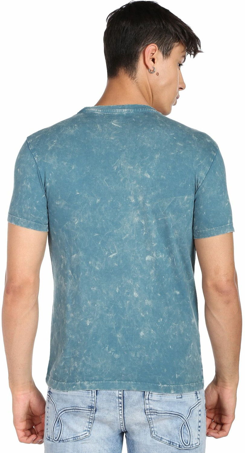 Image of FLYING MACHINE Typography Men Round Neck Blue T-Shirt