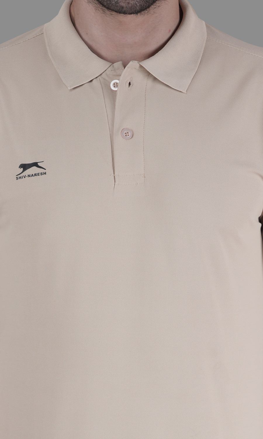 Image of Shiv Naresh Men Solid Polo Neck Polyester Beige T-Shirt