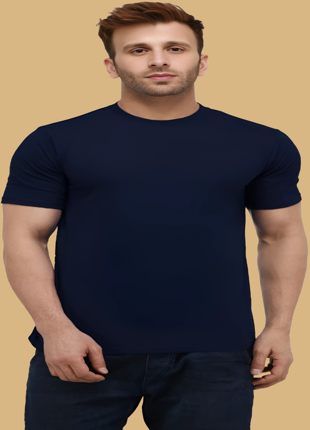 Image of London Hills Solid Men Round Neck Dark Blue T-Shirt