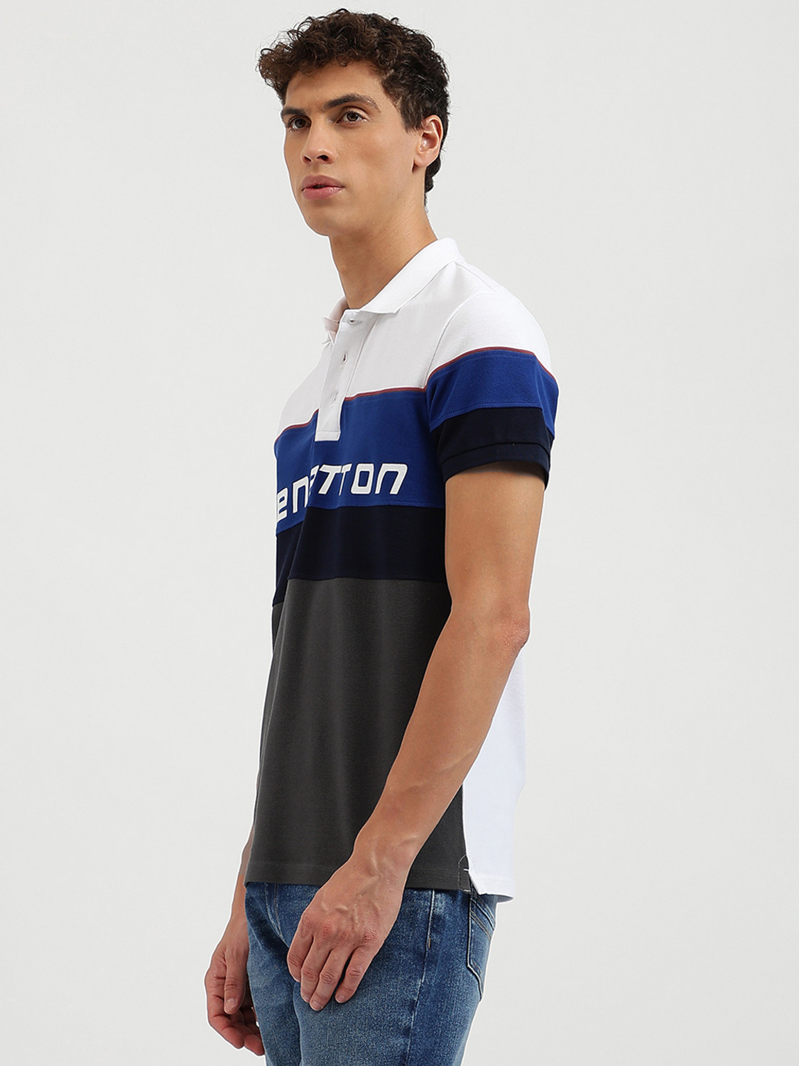 Image of United Colors of Benetton Colorblock Men Polo Neck White T-Shirt