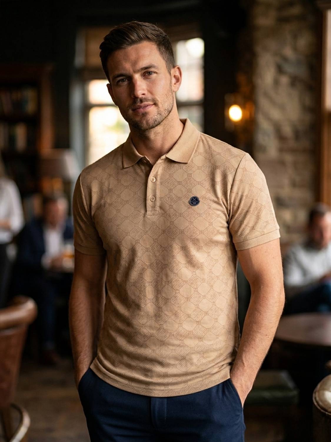 STRAY88 Men Printed Polo Neck Polyester Beige T-Shirt