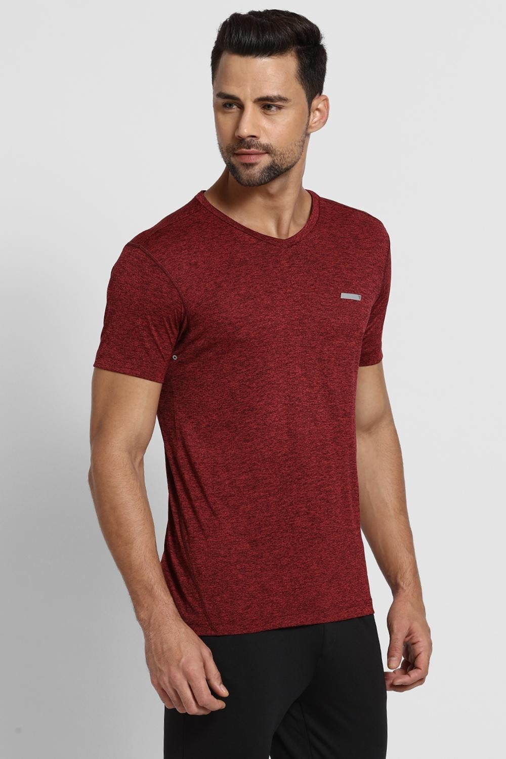 Image of VAN HEUSEN Self Design Men V Neck Maroon T-Shirt