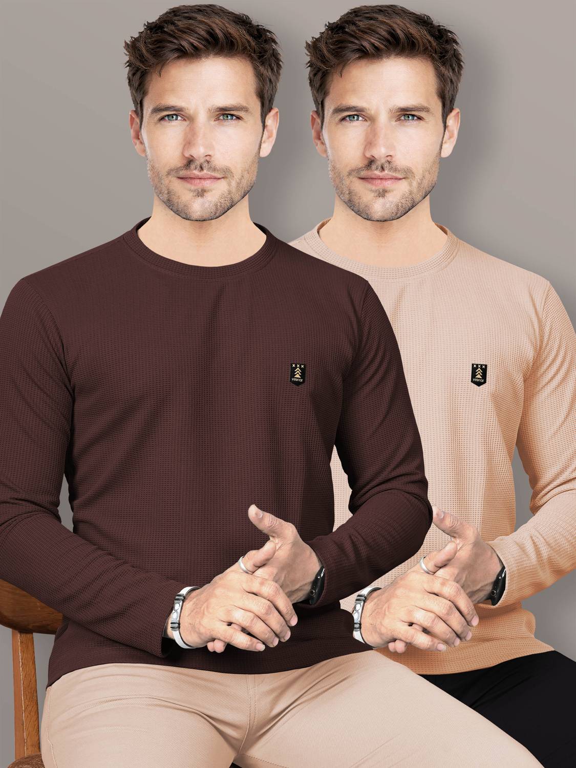 VeBNoR Pack of 2 Men Self Design Round Neck Polyester Brown, Beig