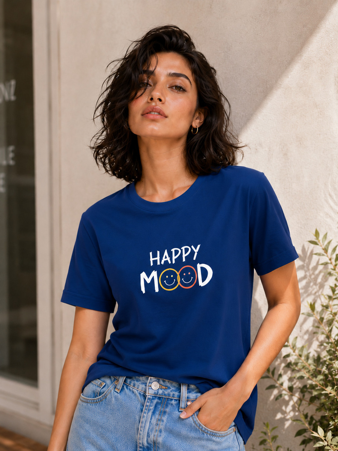 Image of Adyavastram Typography Women Round Neck Blue T-Shirt