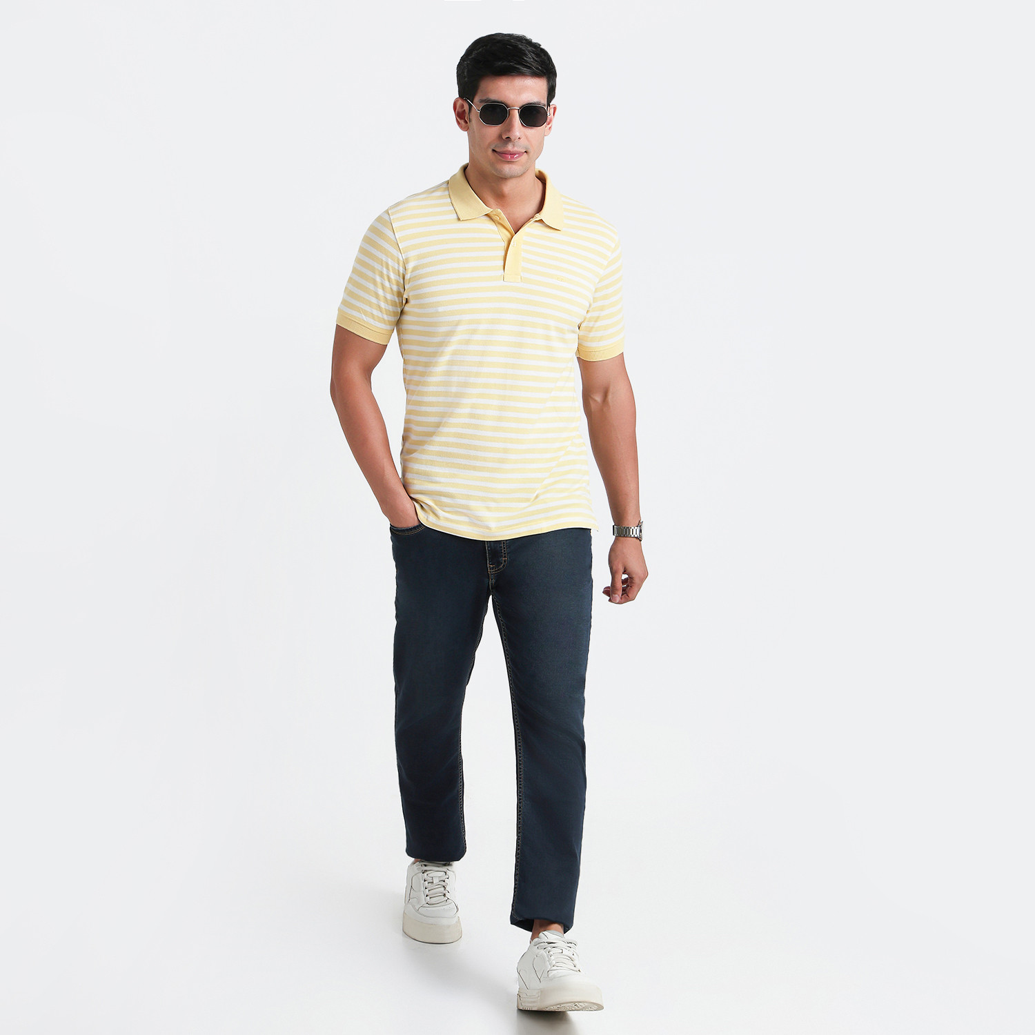 Image of COLORPLUS Striped Men Polo Neck Yellow T-Shirt