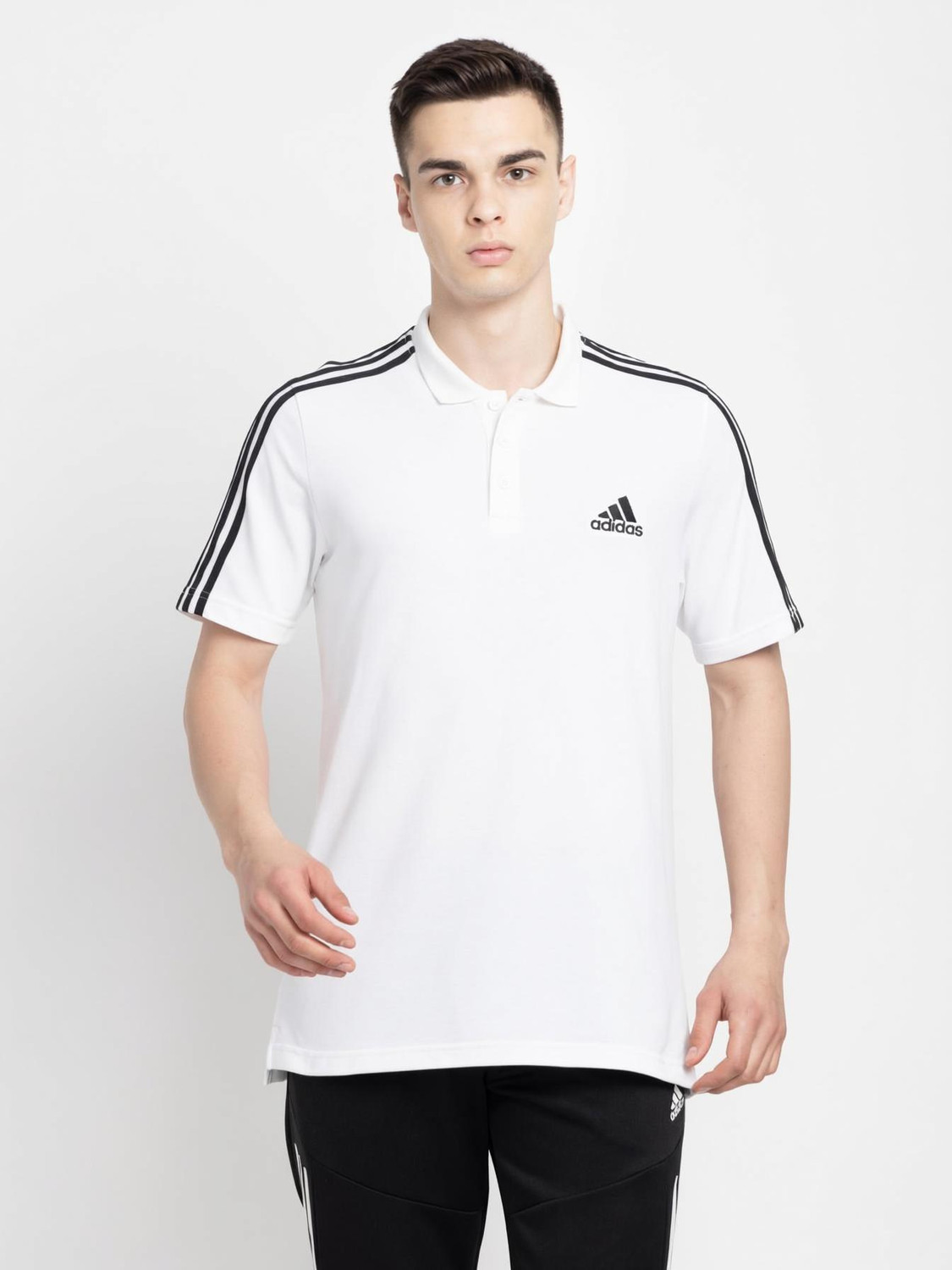 Image of ADIDAS Striped Men Polo Neck White T-Shirt