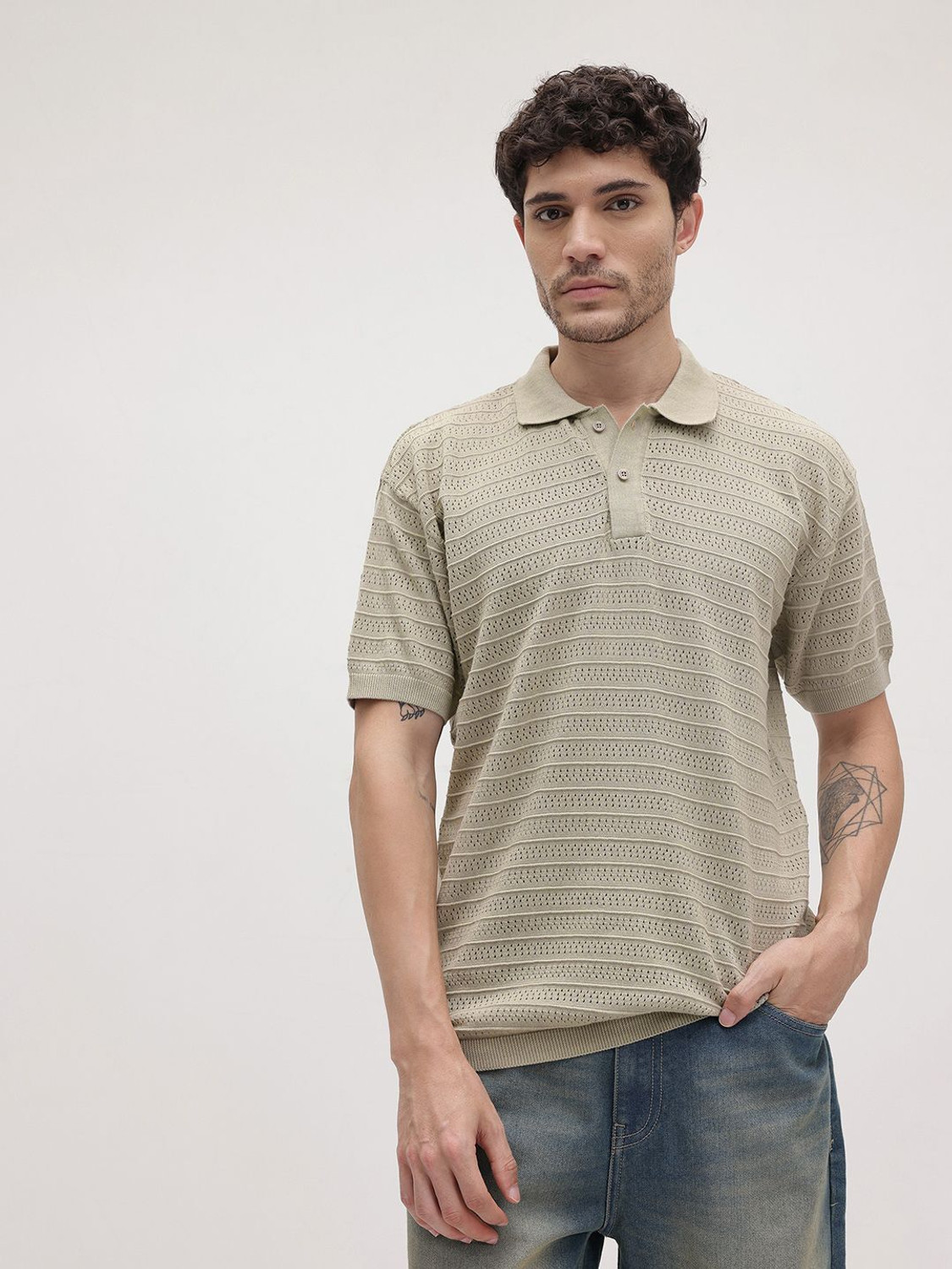 Image of Roadster Self Design Men Polo Neck Green T-Shirt