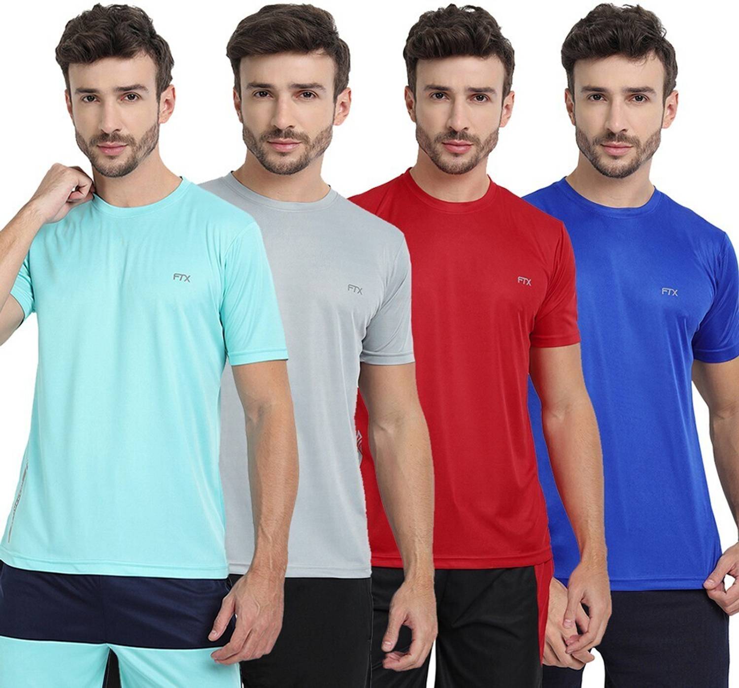 FTX Pack of 4 Men Solid Round Neck Polyester Silver, Light Blue,