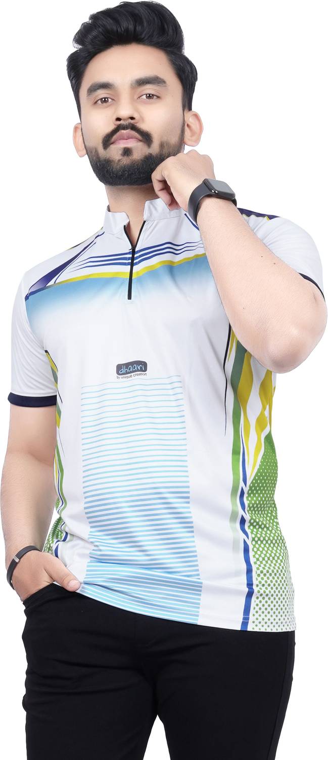 dhaari by unique creation Men Sporty Mandarin Collar Polyester Wh