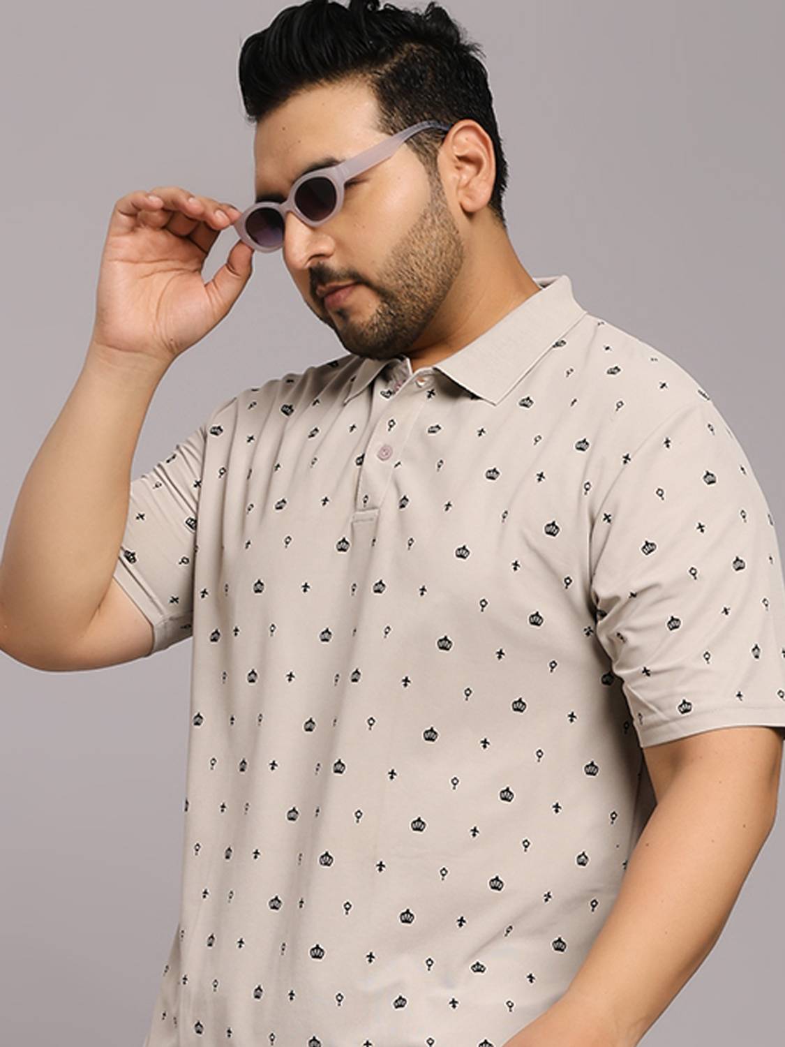 TIMBER HITCH Men Printed Polo Neck Polyester Grey T-Shirt