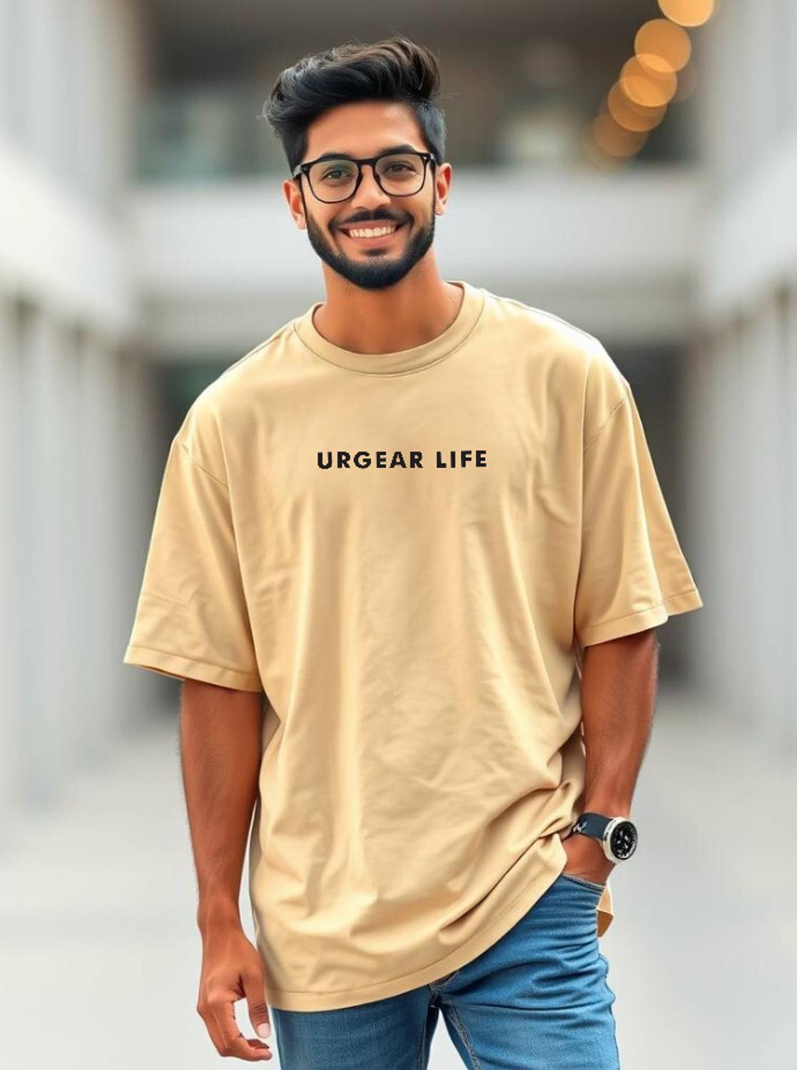 UrGear Men Printed Round Neck Cotton Blend Beige T-Shirt