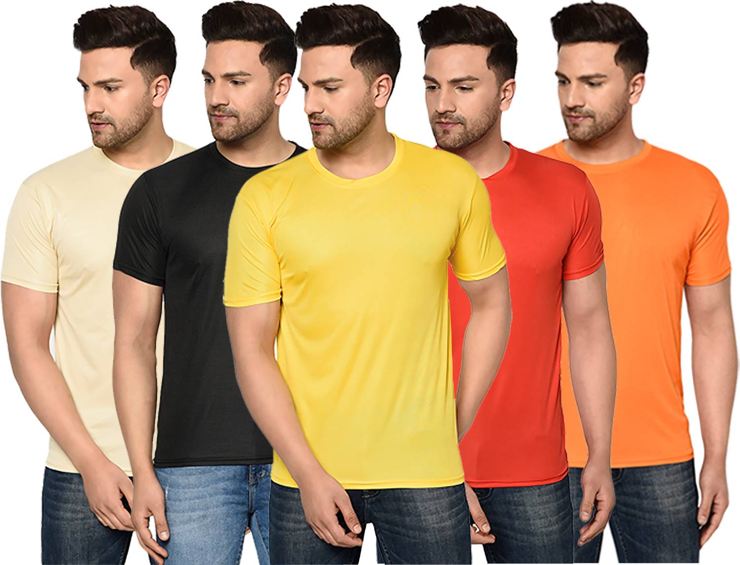 InkTees Pack of 5 Round_5_02_M Men Solid Round Neck Polyester Mul