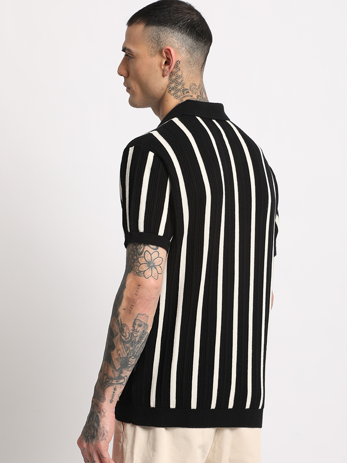 Image of THE BEAR HOUSE Striped Men Polo Neck Black T-Shirt