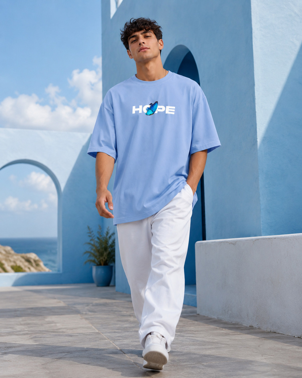 Image of WARRIOR WORLD Printed Men Round Neck Light Blue T-Shirt