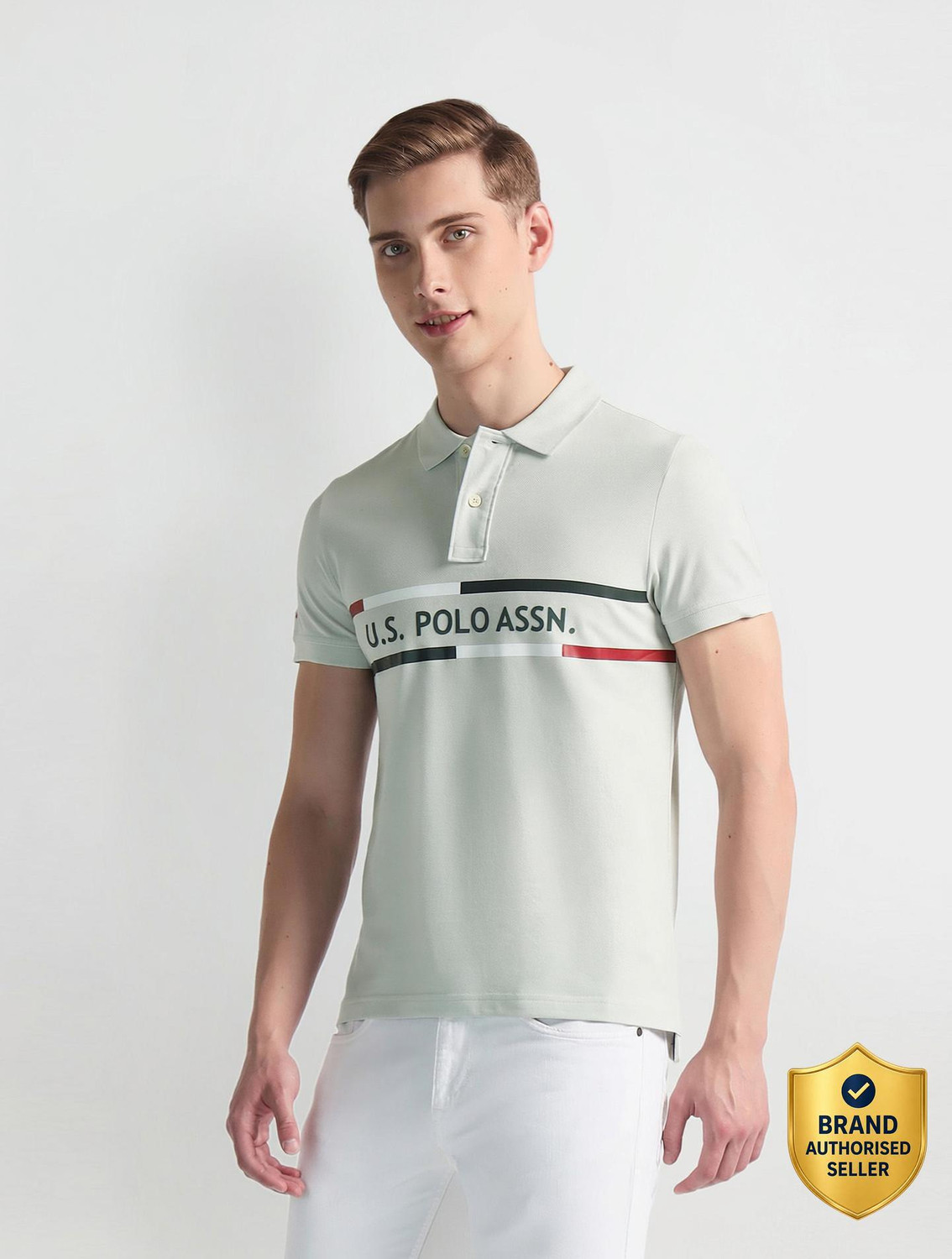Image of U.S. POLO ASSN. Typography, Striped Men Polo Neck Grey T-Shirt