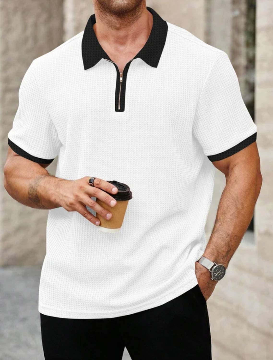 AHMED CREATION Solid, Striped Men Polo Neck Black, White T-Shirt