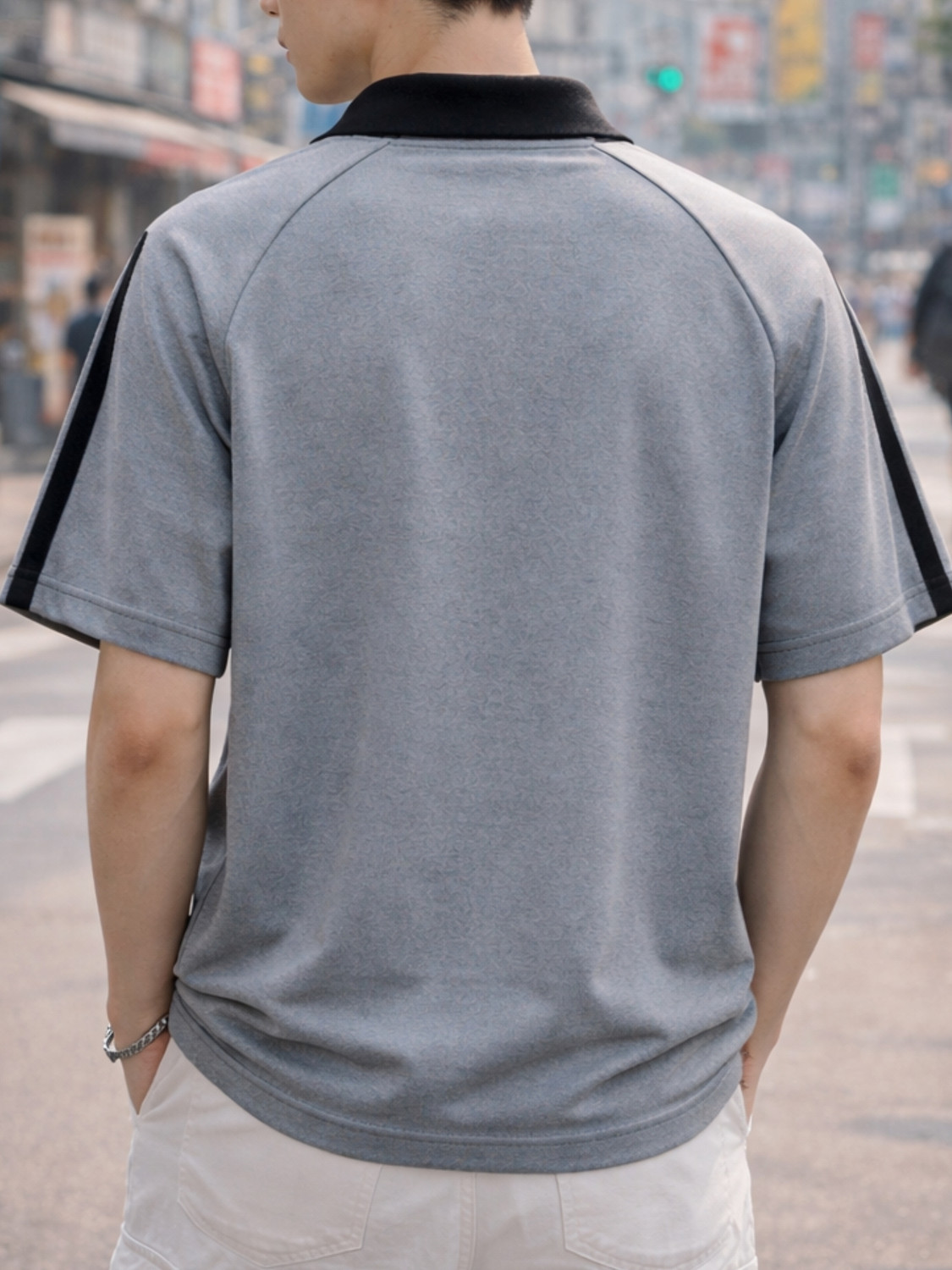 Image of Jump Cuts Printed Men Polo Neck Grey, Black T-Shirt
