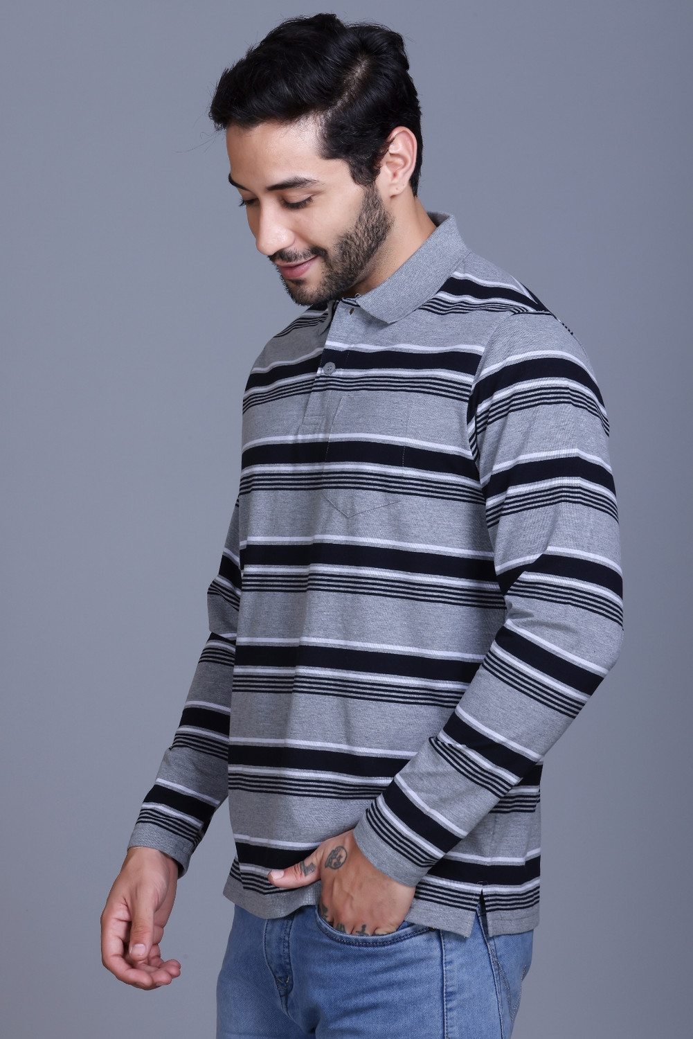 Image of SANE ORIGINALS Striped Men Polo Neck Grey T-Shirt