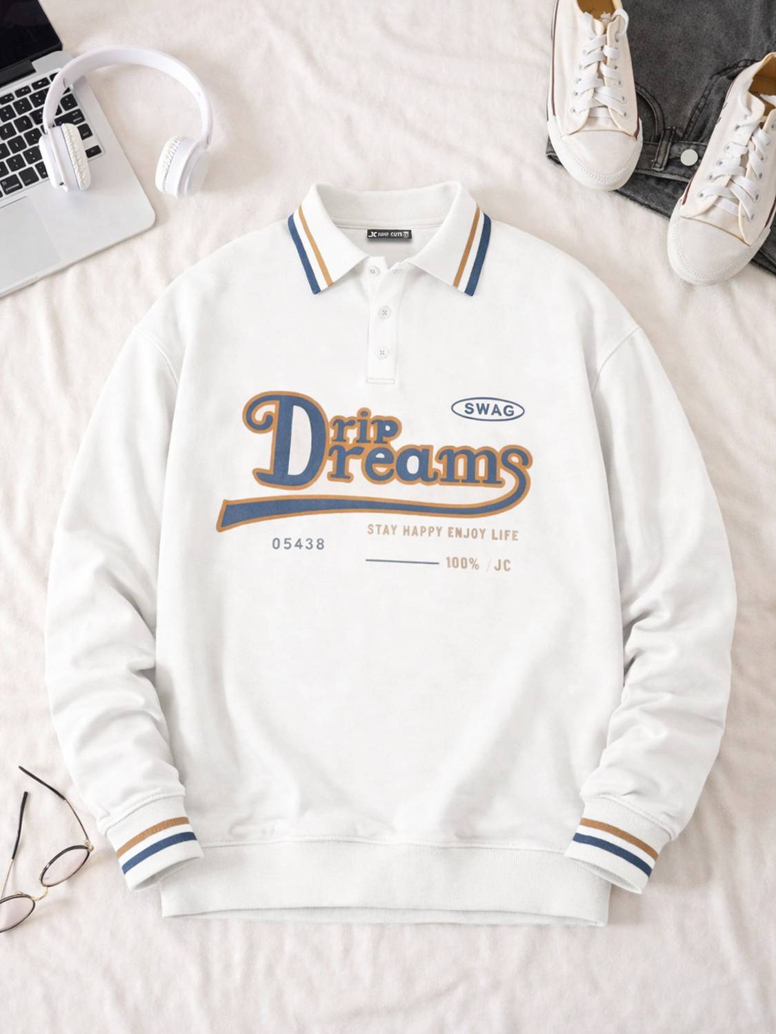 Jump Cuts Printed Men Polo Neck White T-Shirt