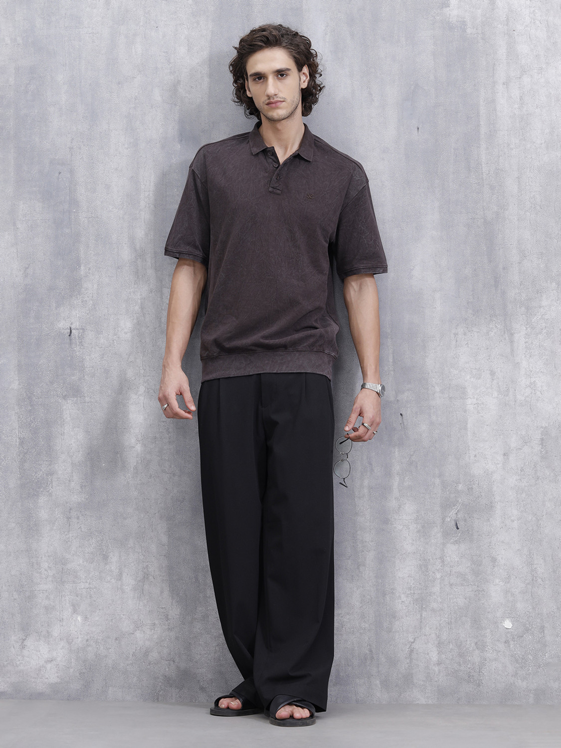 Image of WROGN Washed Men Polo Neck Brown T-Shirt