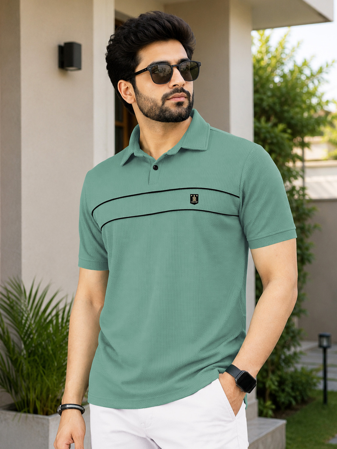 Image of VeBNoR Self Design Men Polo Neck Green T-Shirt