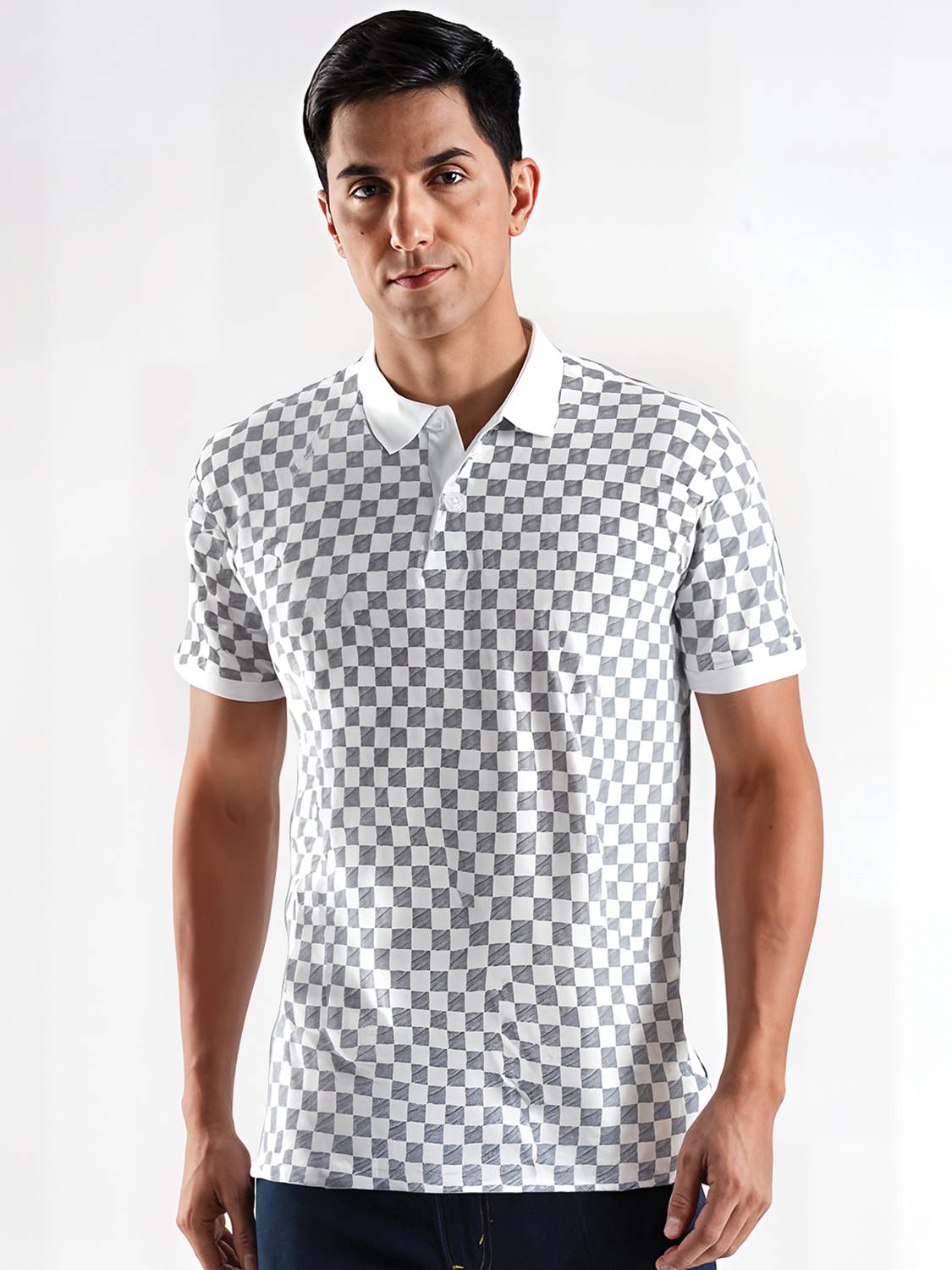ADRO Men Checkered Polo Neck Cotton Blend White T-Shirt