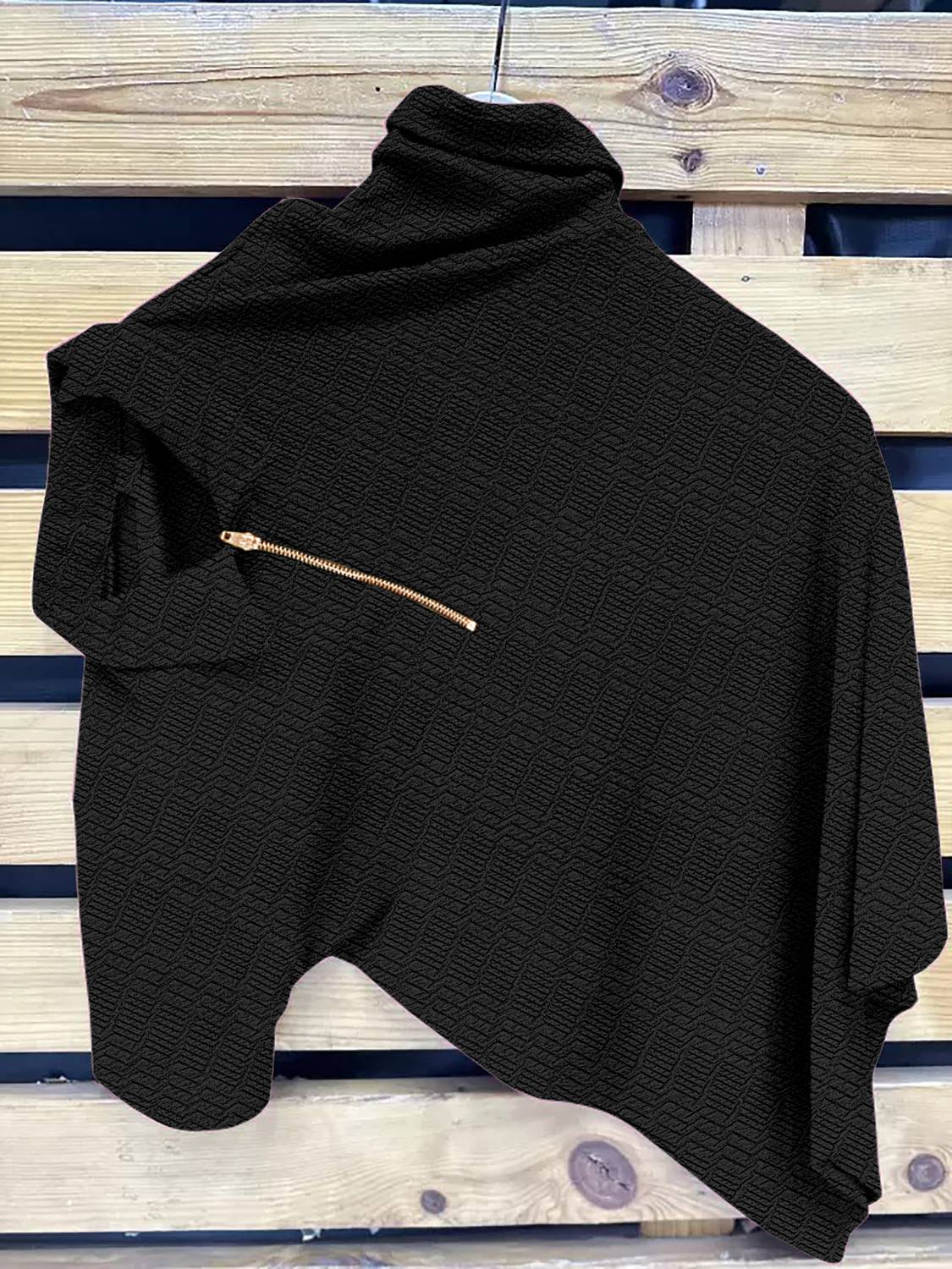 KAJARU Men Self Design Zip Neck Polyester Black T-Shirt