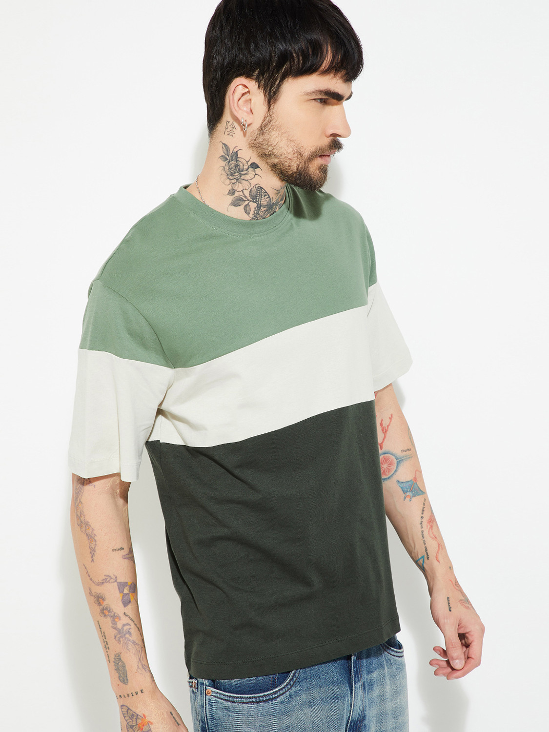 Image of MAX Colorblock Men Round Neck Green T-Shirt