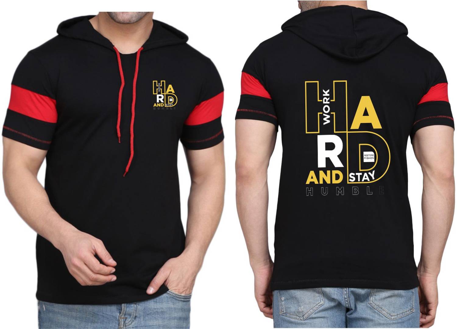 WOOSTRO Men Printed Hooded Neck Cotton Blend Black T-Shirt