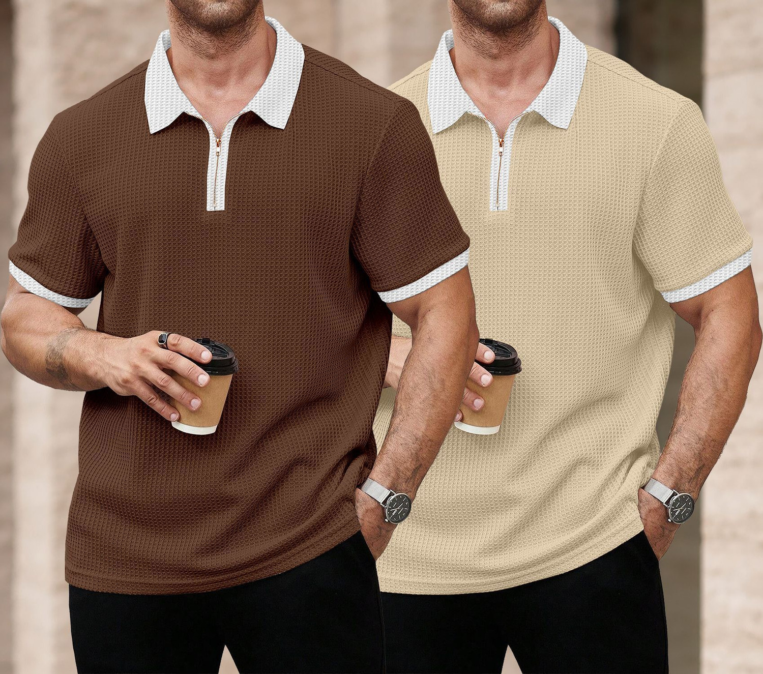 Image of GLOBAL NOMAD Self Design Men Zip Neck Brown, Beige T-Shirt