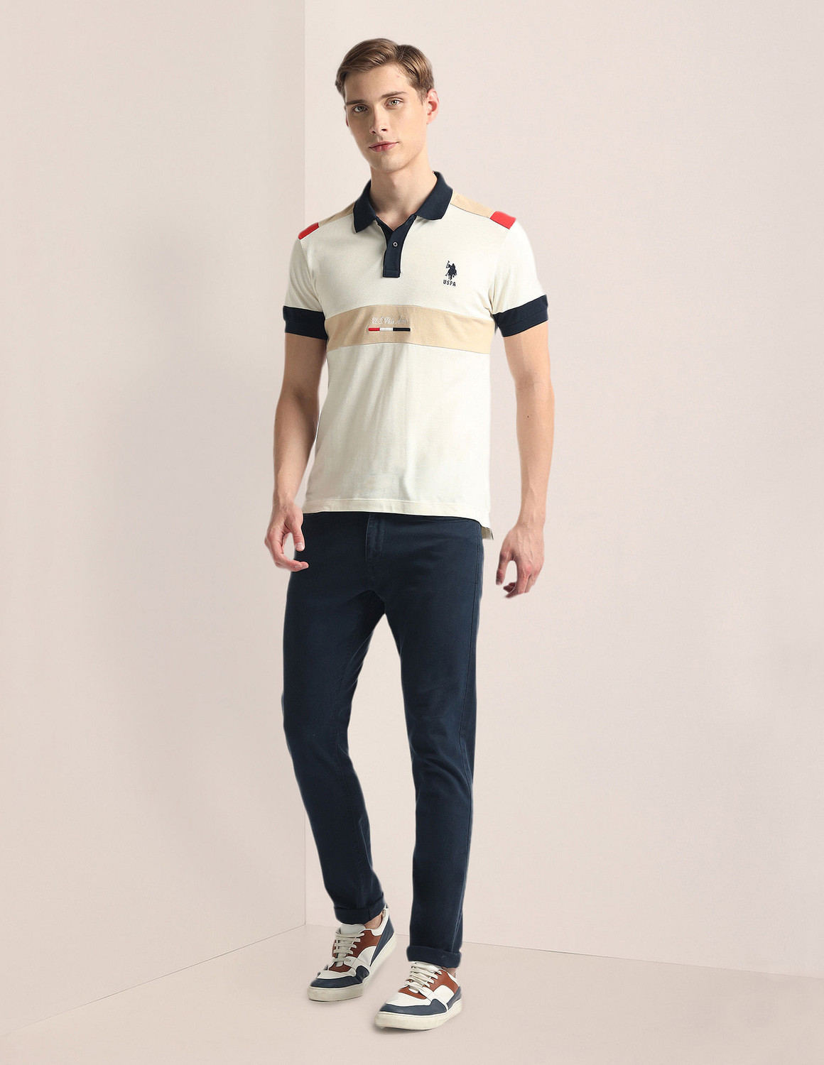 Image of U.S. POLO ASSN. Colorblock Men Polo Neck Beige T-Shirt