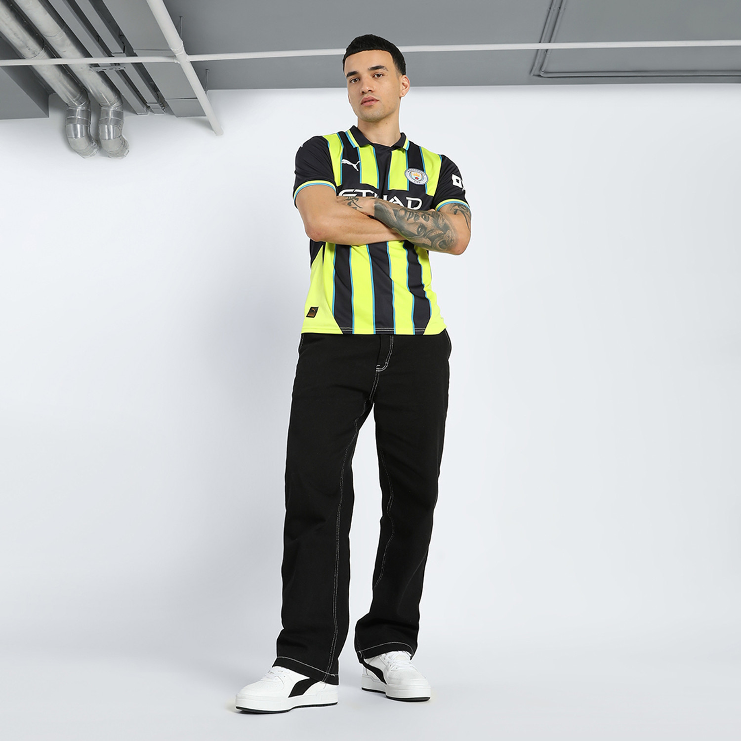 Image of PUMA Striped Men Polo Neck Blue T-Shirt