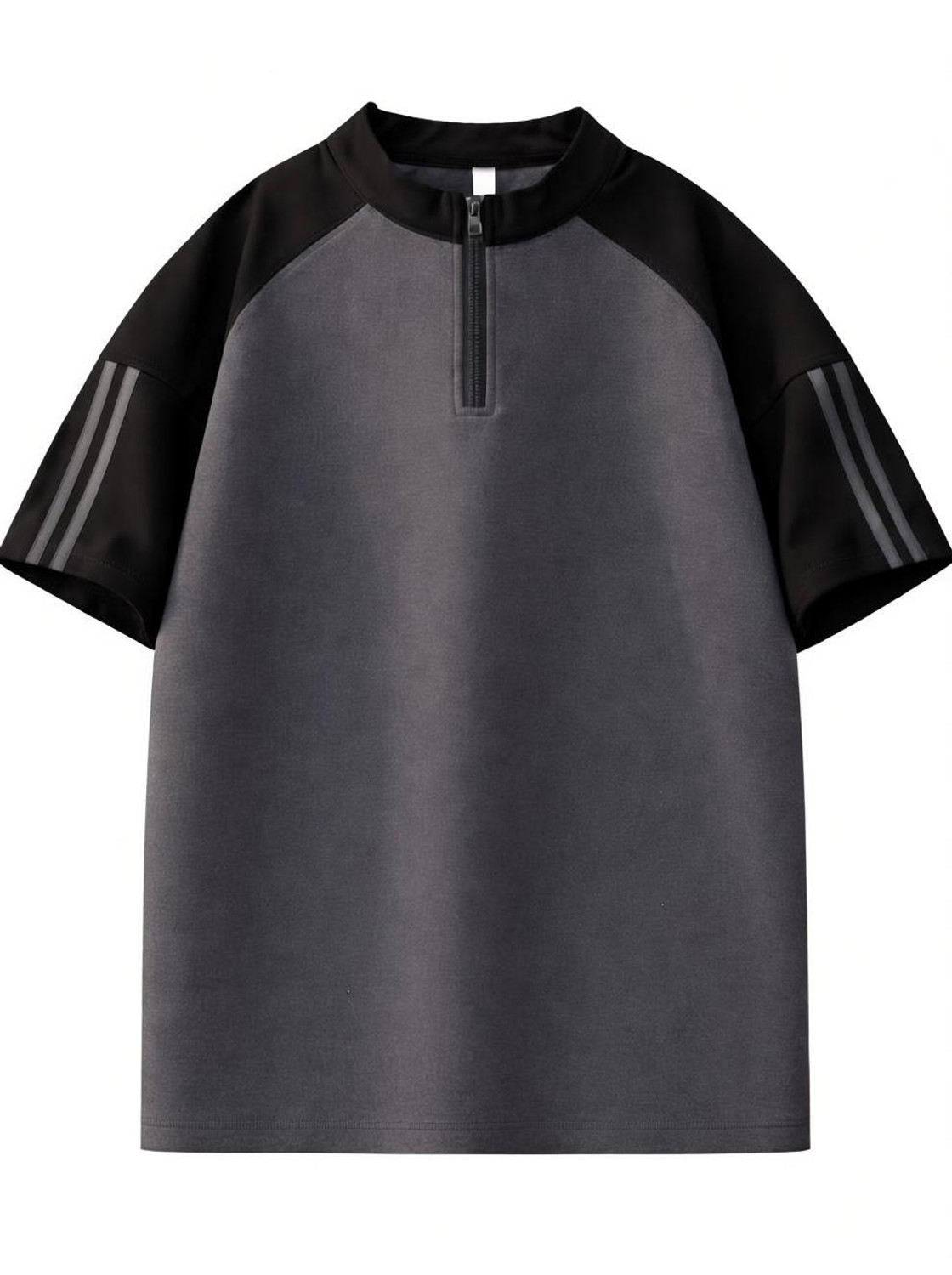 Image of JERKYN Colorblock, Striped Men Mandarin Collar Grey T-Shirt