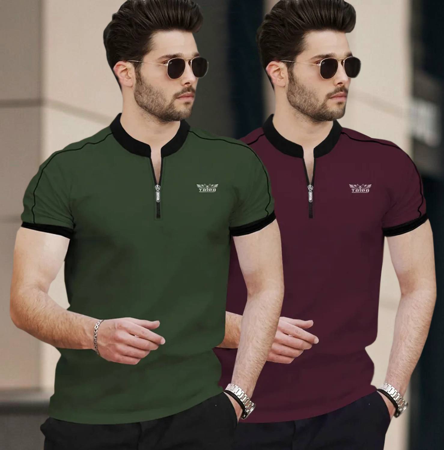TRIPR Pack of 2 Men Typography Mandarin Collar Cotton Blend Dark