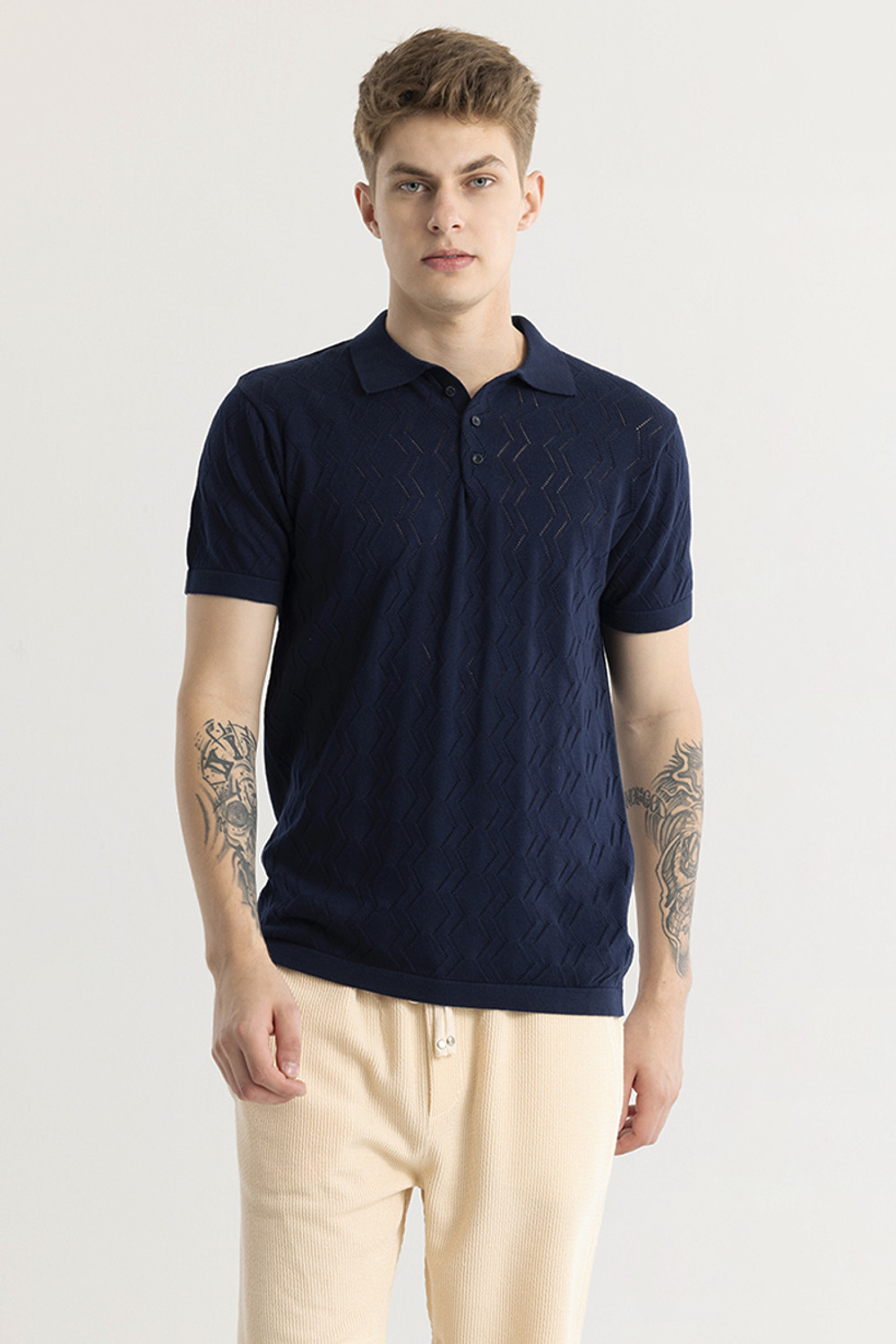 Image of Snitch Printed Men Polo Neck Blue T-Shirt
