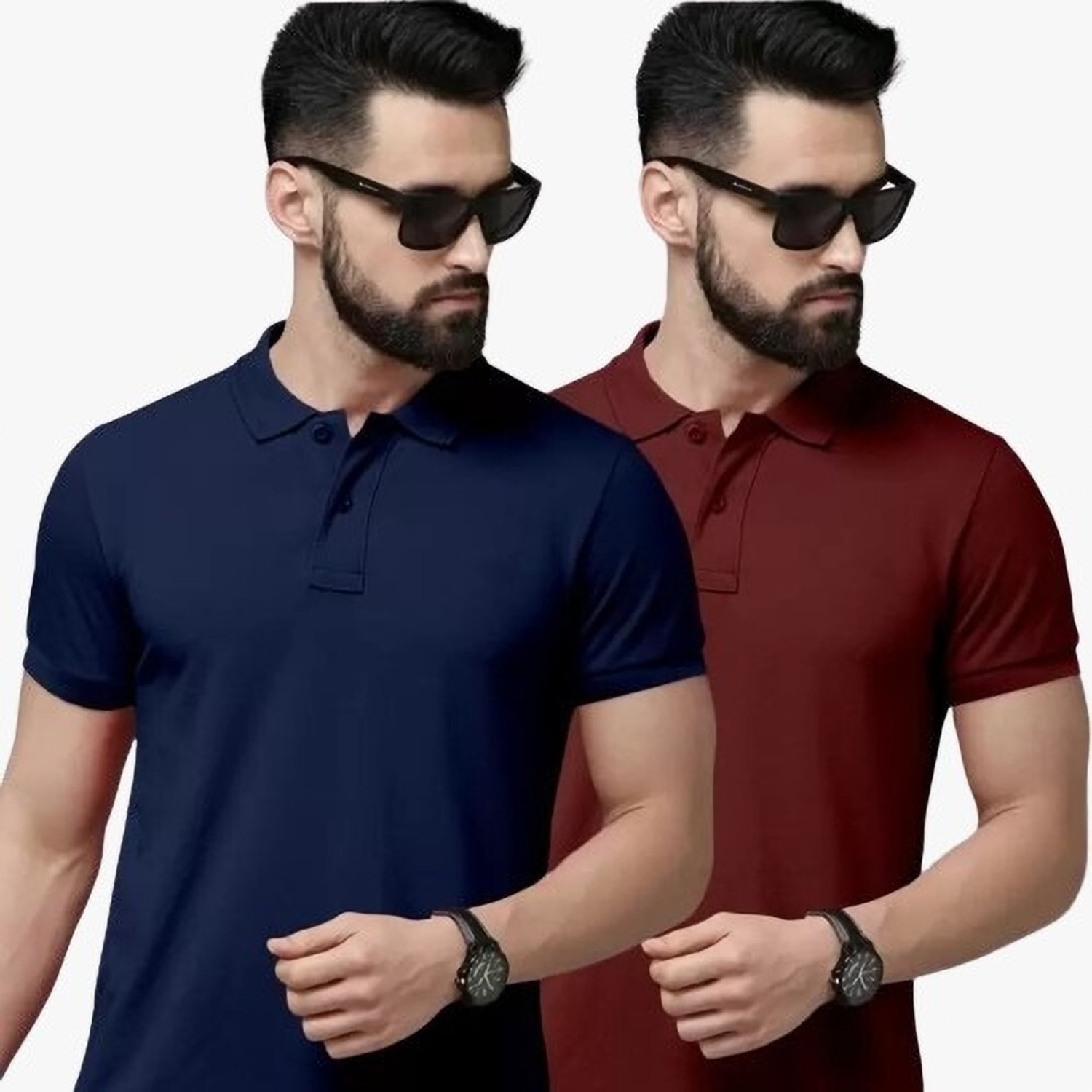 Image of balker merka Solid Men Polo Neck Navy Blue, Maroon T-Shirt