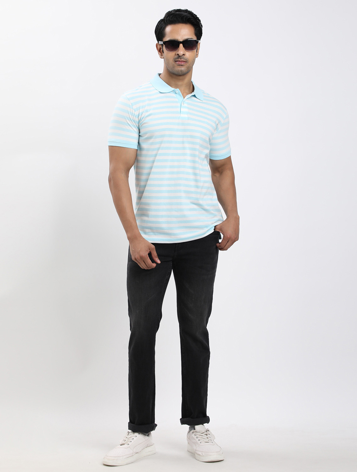 Image of INDIAN TERRAIN Striped Men Polo Neck Blue T-Shirt