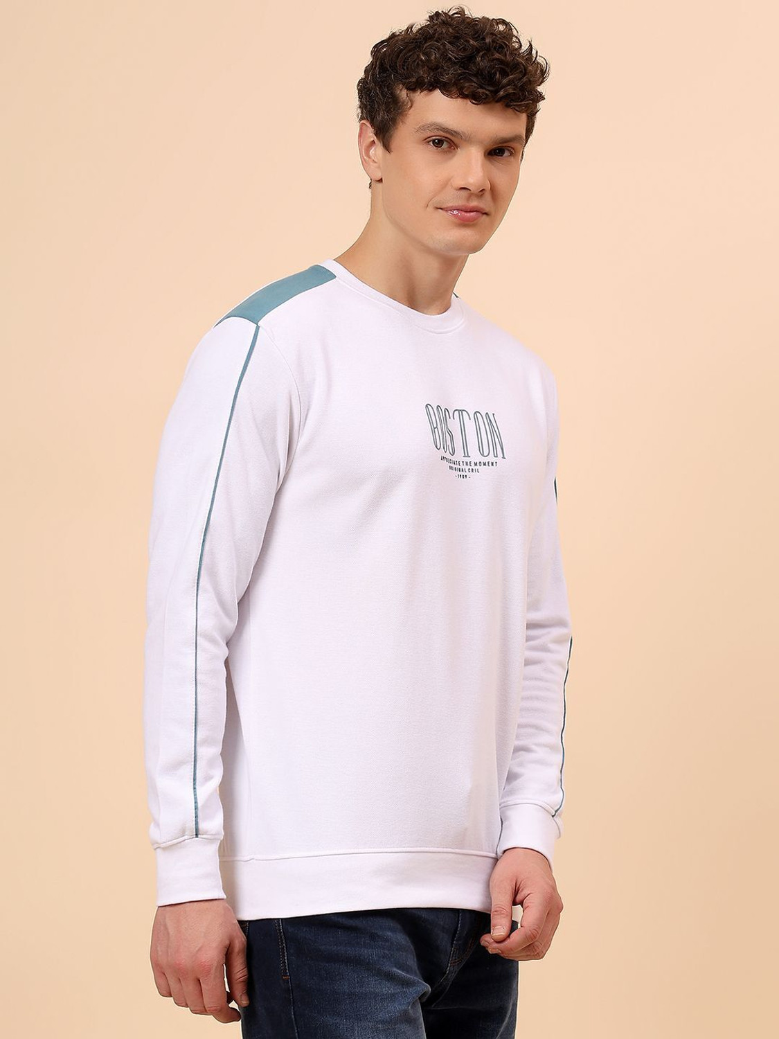 Image of CANTABIL Men Printed Round Neck Polycotton White T-Shirt