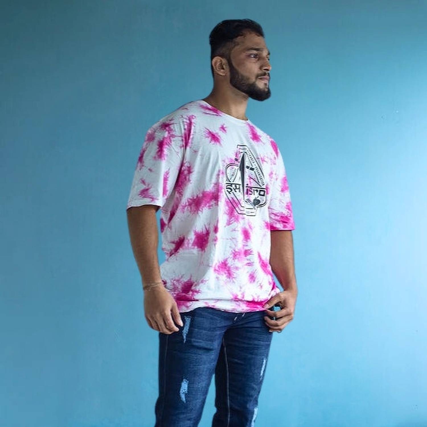 a47 Printed, Typography, Tie & Dye Couple Round Neck Pink T-Shirt