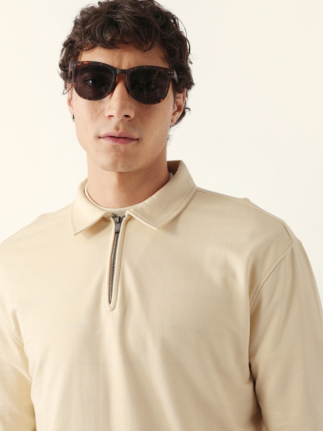 Image of THE BEAR HOUSE Solid Men Polo Neck Beige T-Shirt