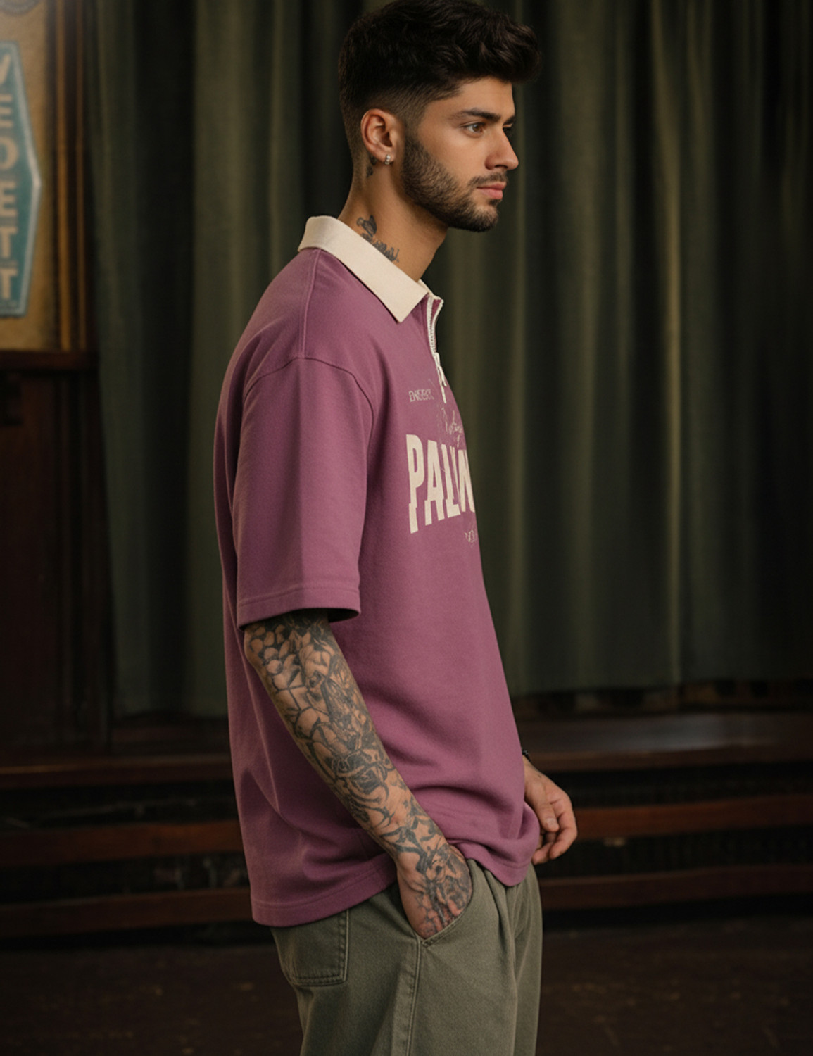 Image of Force Printed Men Zip Neck Reversible Pink T-Shirt