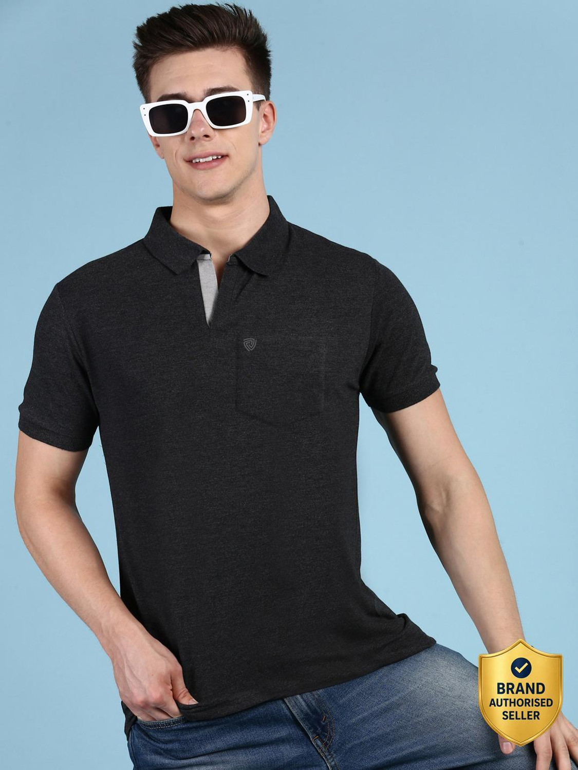 Image of LUX cozi Solid Men Polo Neck Black T-Shirt