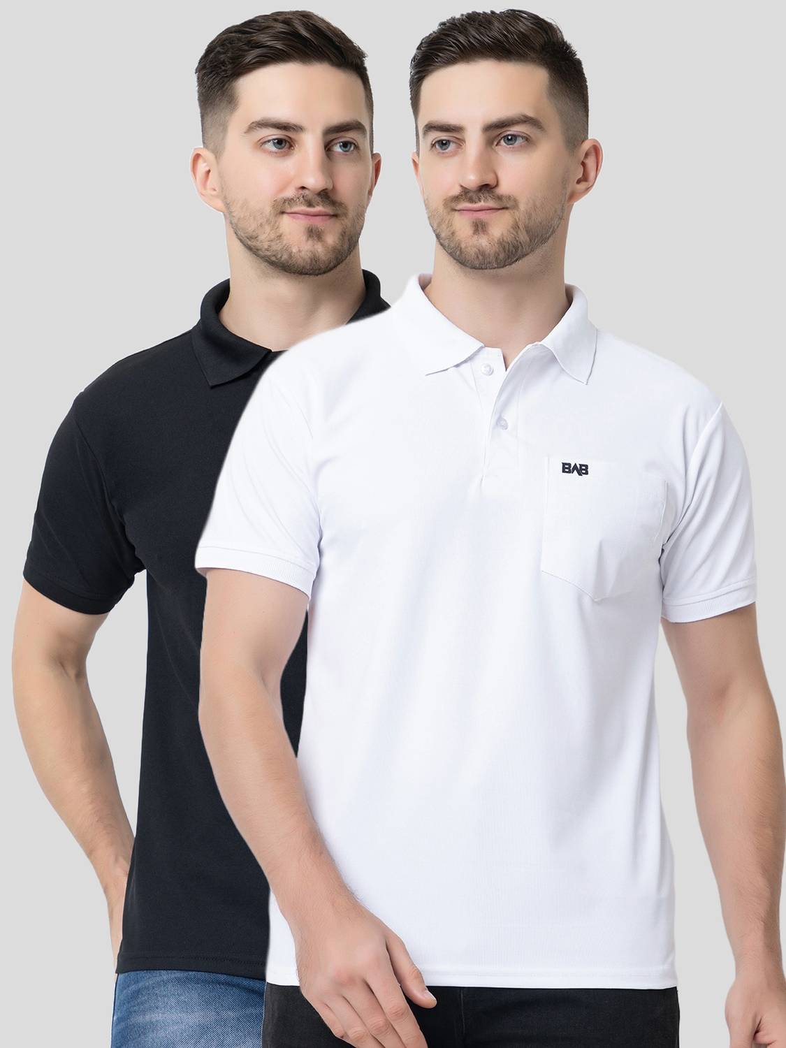 BAB Pack of 2 Men Solid Polo Neck Cotton Blend White, Black T-Shi