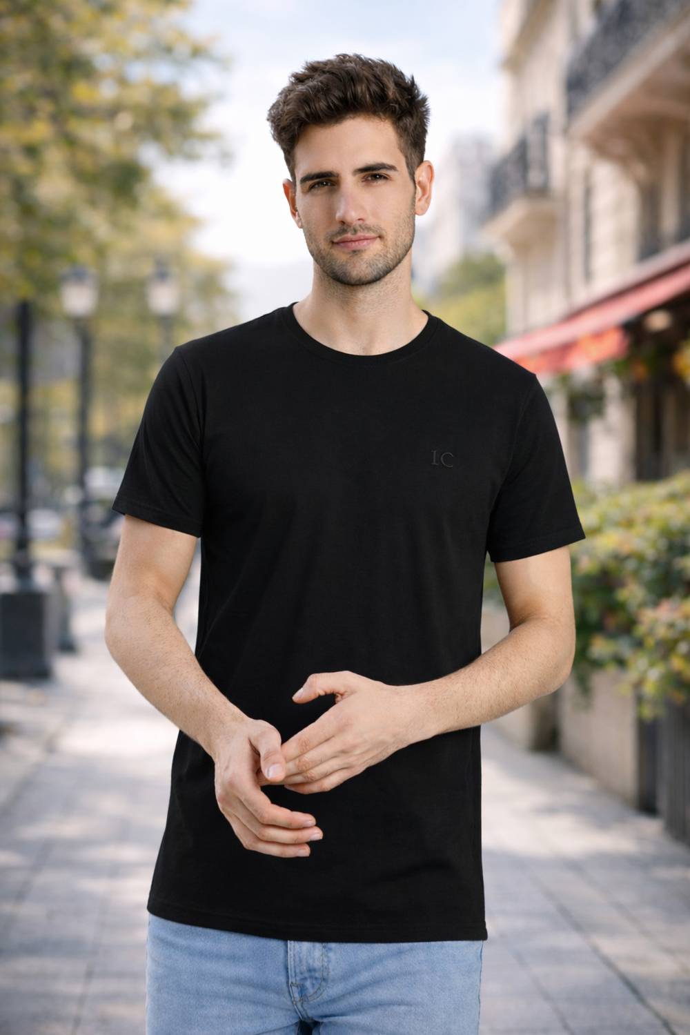 LONDON COLORS Men Solid Round Neck Pure Cotton Black T-Shirt