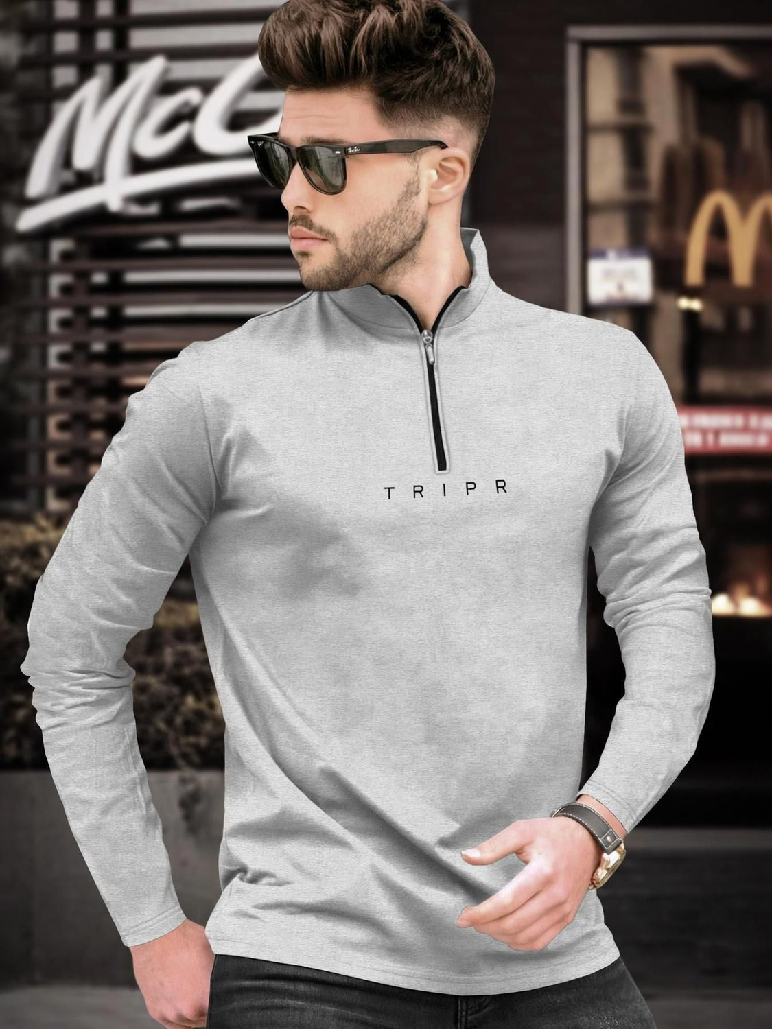 Image of TRIPR Solid Men Henley Neck Grey T-Shirt
