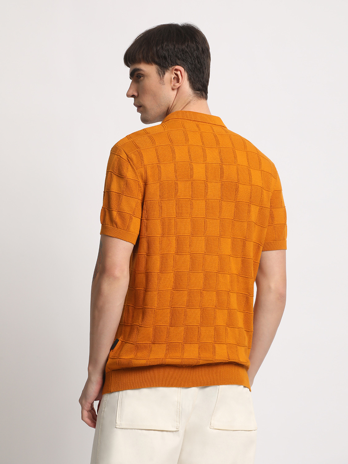Image of THE BEAR HOUSE Checkered Men Polo Neck Orange T-Shirt