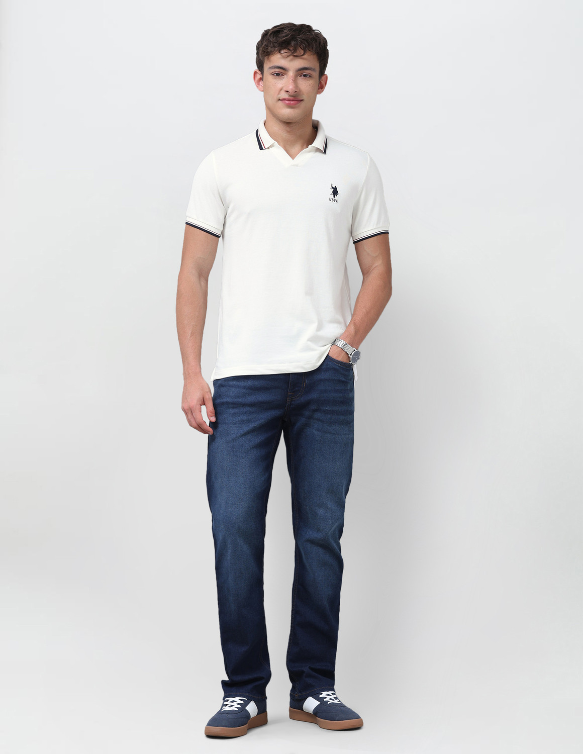 Image of U.S. POLO ASSN. Solid Men Polo Neck White T-Shirt