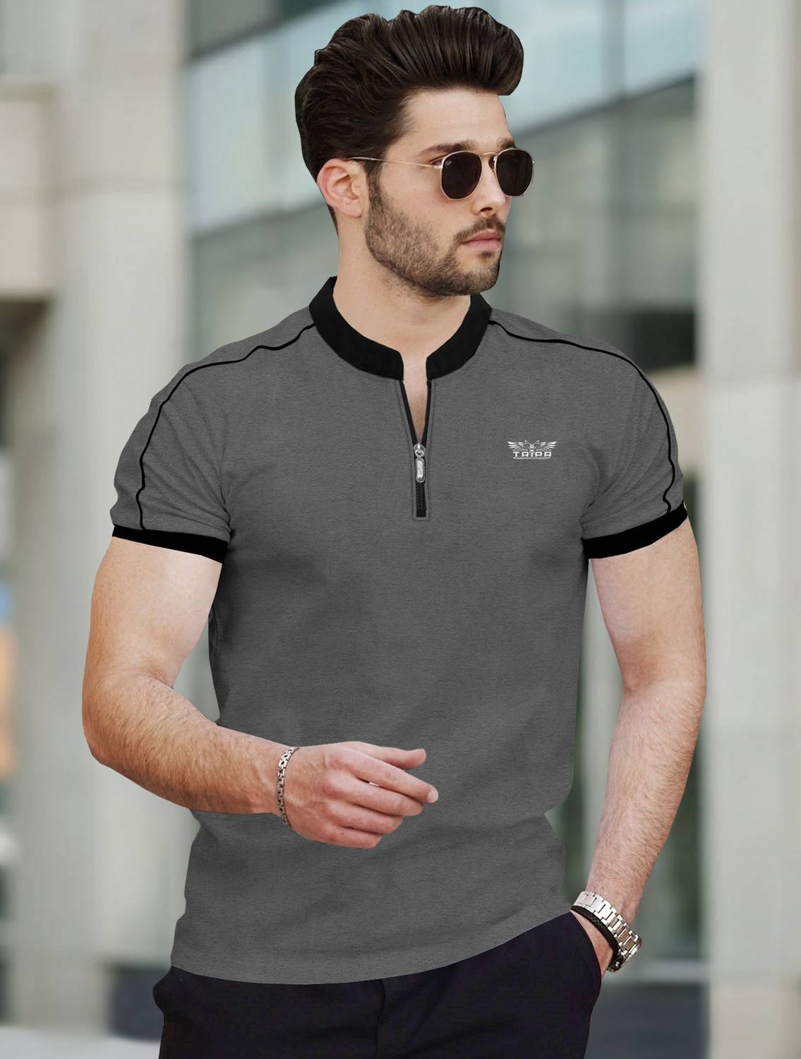 TRIPR Men Typography Mandarin Collar Cotton Blend Grey, Black T-S