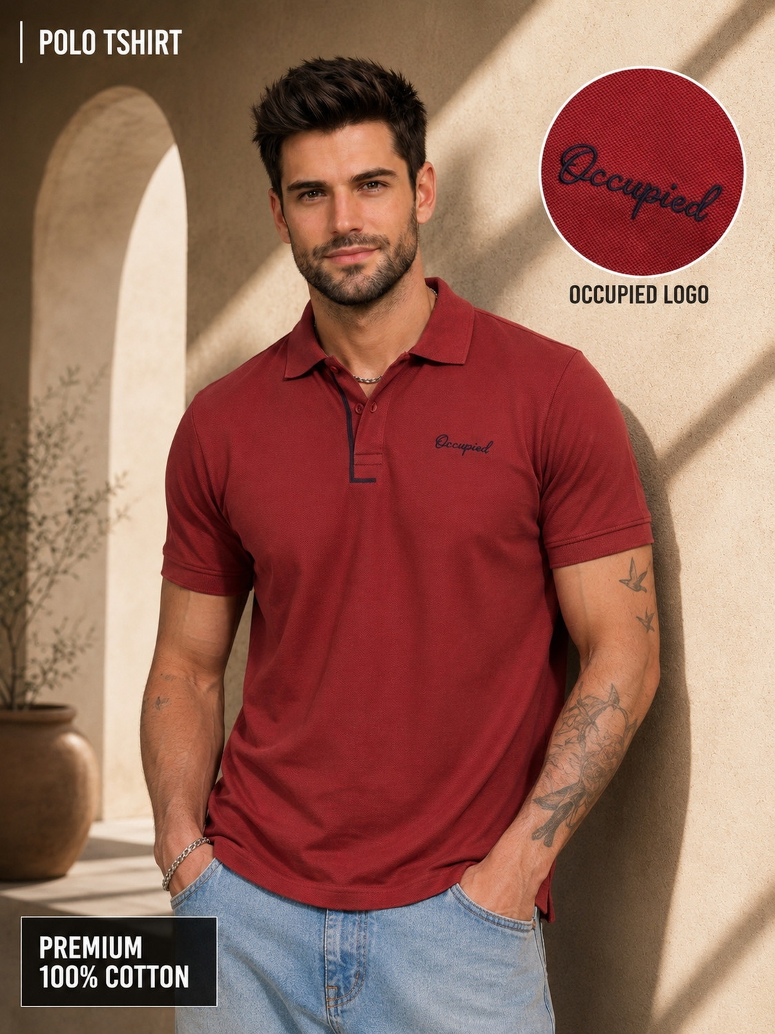 Image of Occupied Clothing Co. Men Solid Polo Neck Pure Cotton Maroon T-Shirt